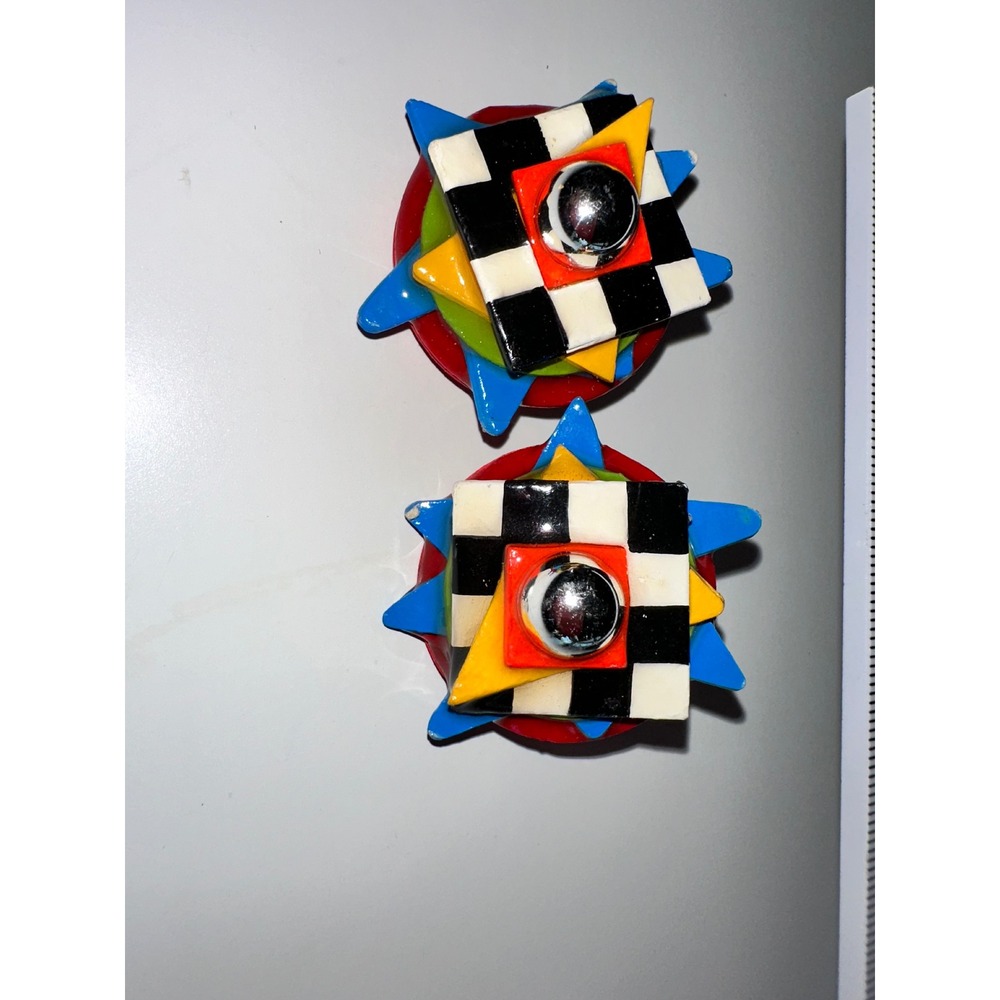 Vintage 80s Memphis Design Geometric Checkerboard Clip‎ On Earrings Multicolor - Picture 2 of 5